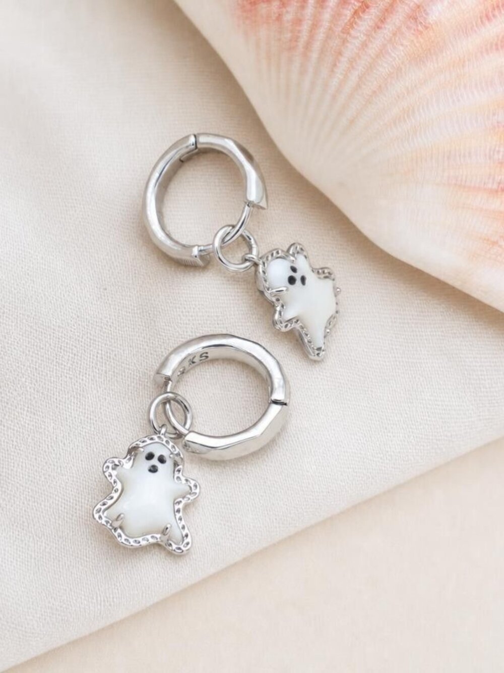 Kendra Scott Ghost Huggie Silver Earrings White Mother-of-Pearl - Picture 2 of 2
